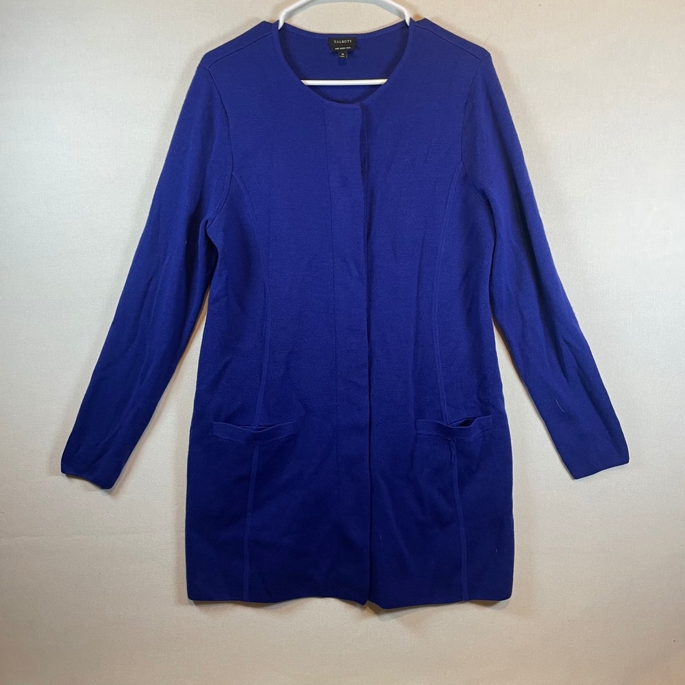 Talbots‎ Pure Merino Wool Long Cardigan Sweater Royal Blue Open Front - Size M - Picture 2 of 9